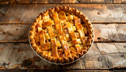 Baked apple pie on rustic wooden table