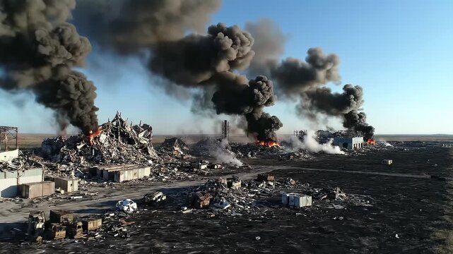 Industrial Site Engulfed in Flames and Smoke.