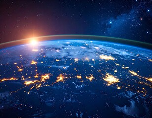 Earth at dawn, illuminated cities