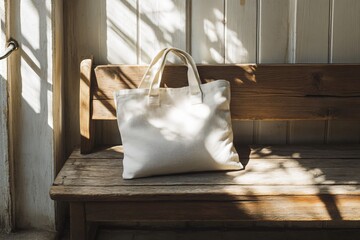 White tote bag sits on a wooden bench in sunlight.