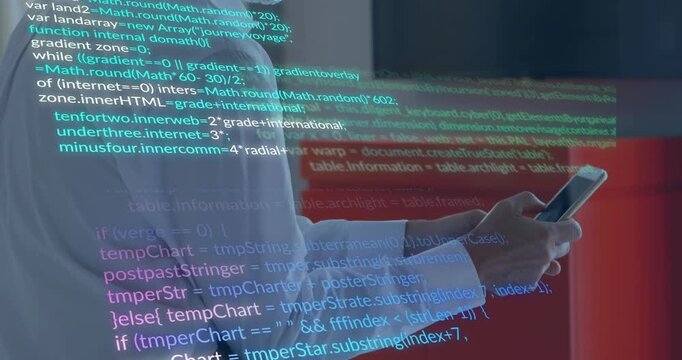 Developer tapping smartphone projecting code growing across red wall and bed to visualize updates