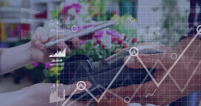 Customer tapping smartphone on reader registering payment for showing analytics, expanding charts