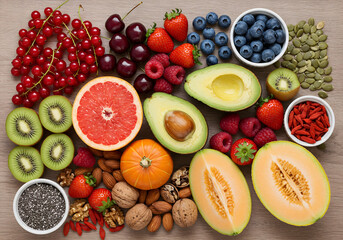 Vegan Superfoods Background &mdash; Fresh Fruit and Seed Assortment, Clean Eating Concept