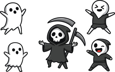 Cartoon ghosts and Grim Reaper, Halloween cute spooky illustration, funny ghost characters, death with scythe, playful horror artwork, scary but adorable cartoon design