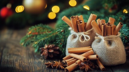 Cinnamon Sticks in Burlap Bags Surrounded by Holiday Decorations in a Cozy Setting