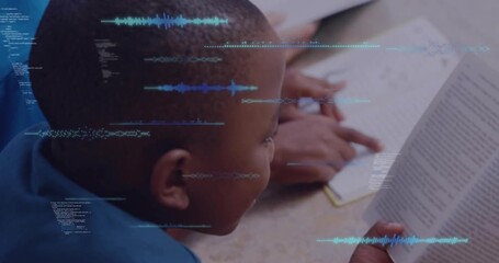 Two boys reading study books, causing flickering data lines and waveforms visualizing data - Powered by Adobe