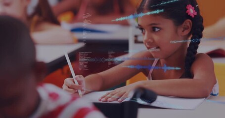 Student lowering pencil and writing in notebook while holographic code waves drifting in classroom - Powered by Adobe
