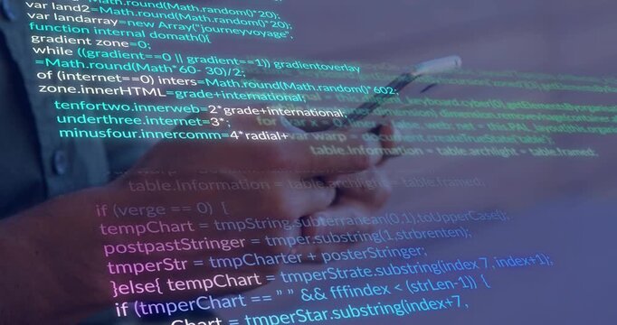 Man tapping smartphone and scrolling code overlay reviewing JavaScript functions and HTML snippets