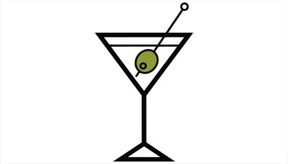 Vector art of a minimalist martini glass illustration featuring an olive on a toothpick, a classic cocktail symbol in a simple and elegant design