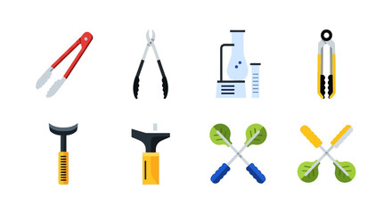 Obraz premium Colorful Vector Icon Set of Modern Kitchen Utensils and Gadgets, Including Tongs and Wine Tools.