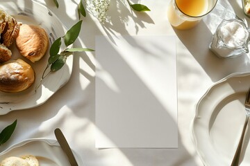Breakfast table setting with pastries juice and white paper in sunlight.