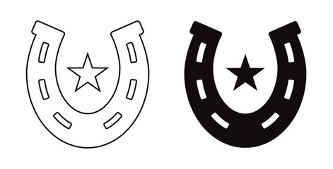 Black and white horseshoe icon with star symbol inside, vector silhouette and outline design | Lucky symbol horseshoe icon | Lucky horseshoe illustration represents good luck illustration  