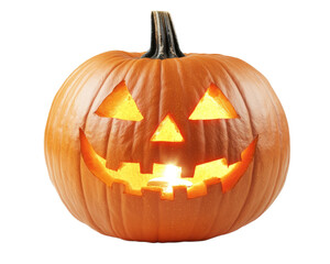 Fototapeta premium Halloween carved pumpkin jack o lantern glowing with candle inside and sharp teeth smile isolated on transparent background, perfect for spooky seasonal marketing, party invitations, and decor use