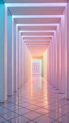 Illuminated futuristic architectural corridor with soft pastel neon lights and reflective floor creating a sense of depth and wonder