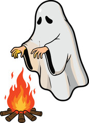 Cartoon ghost warming by fire, spooky Halloween illustration, creepy ghost character, funny haunted design, horror artwork, ghost by campfire, scary but humorous Halloween art