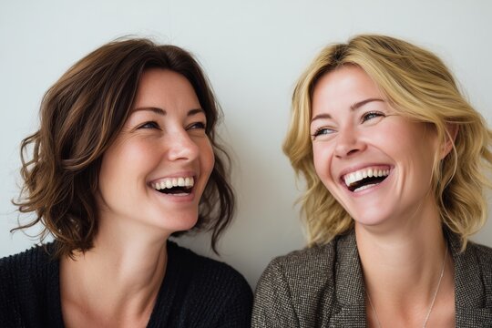 Two colleagues share a joyful moment showcasing the importance of laughter in a professional business environment.