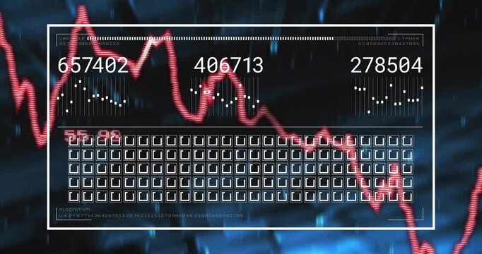 Interface loading, red line graph animating inside white frame, metrics updating to visualize data