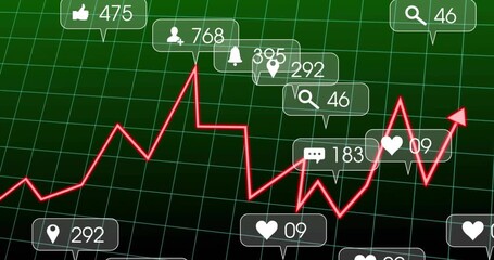 Grid filling screen red line rising and dipping while engagement icons updating and mapping growth - Powered by Adobe