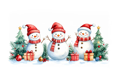 Cheerful Christmas Snowmen and christmas trees.