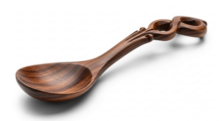 Handcarved dark wooden spoon with an intricate Celtic knot handle.