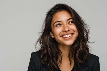 Fototapeta premium A closeup shot showcases a Hispanic entrepreneur smiling embodying confidence and ambition in a professional studio environment.