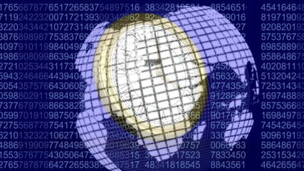 Launching rotating globe with golden clock advancing hands, numeric streams shifting showing time - Powered by Adobe