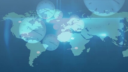 World map fading initiating nodes appearing and lines extending clocks pulsing showing time links - Powered by Adobe