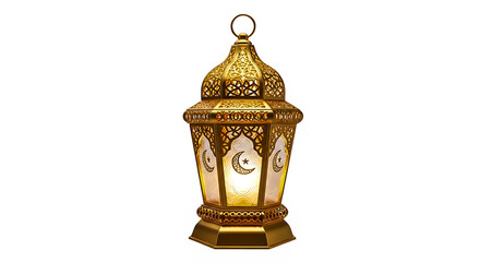 A beautiful traditional golden lantern with an intricate Islamic crescent moon design, glowing for a Ramadan celebration.