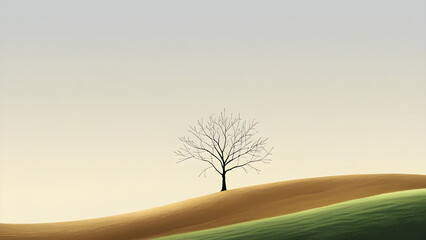 Solitary bare tree silhouetted against a soft hazy sky atop rolling hills in muted earth tones and green hues