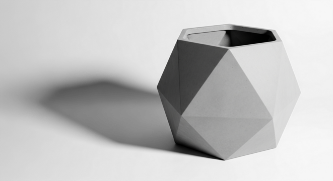Monochrome geometric concrete planter with a modern faceted polygonal design.