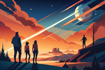 Fototapeta premium Vector art of group of people watching a meteor shower over a desert landscape with a large planet in the sky