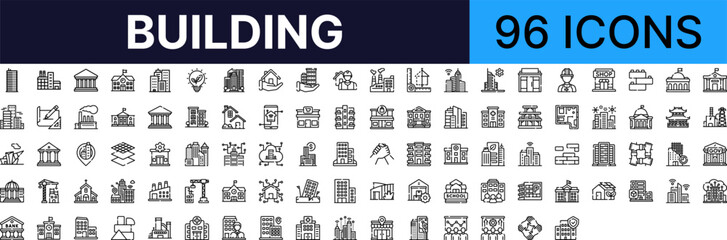 Obraz premium Building set of web icons in line style. building linear icon collection. containing skyscraper, factory, bank, shop, house and more. vector icons