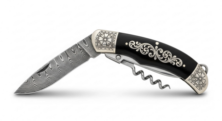 Ornate Damascus Steel Folding Knife with Corkscrew and Floral Engravings.