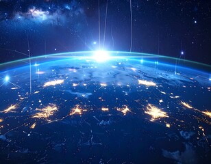 Earth at night, glowing cities, cosmic rays