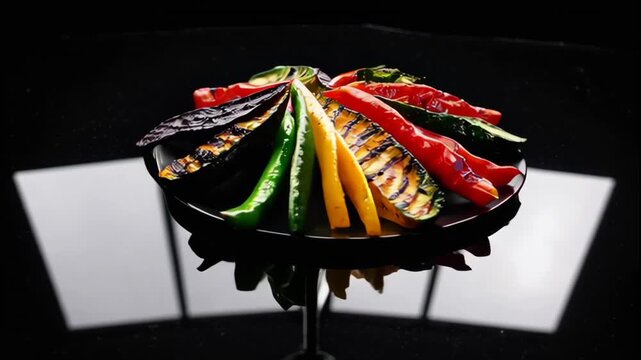 A black plate with grilled vegetables including zucchini peppers and squash on a black background