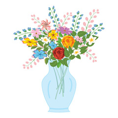 Beautiful Multicolor Floral Arrangement with green leaves in a blue Vase.