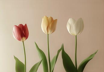 Colorful Tulips in Pastel Shades Blooming Gracefully in a Serene Indoor Setting