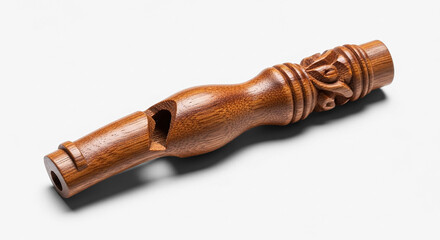 Ornate Wooden Whistle with Carved Details and Natural Grain Texture.