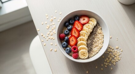 A healthy bowl of oatmeal topped with fresh berries and sliced banana on a light wood table.