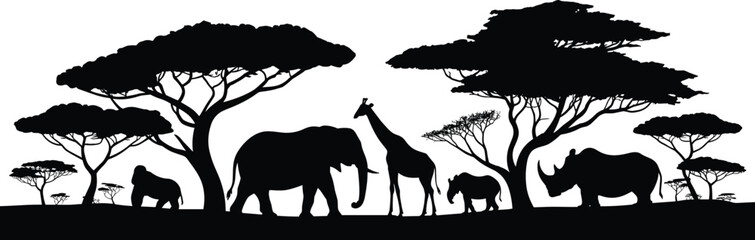 African savanna wildlife silhouette vector with elephant, giraffe, rhino, gorilla, baby elephant, acacia trees, nature scene, conservation theme, black design