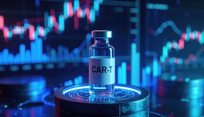 CAR T therapy medical vial with glowing futuristic financial background symbolizing biotech breakthrough investment healthcare innovation and life saving treatment concept