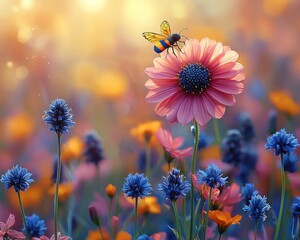 Vibrant flower field at sunset with colorful insect