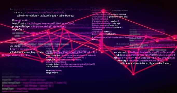 Emerging magenta mesh forming while code blocks scrolling and nodes pulsing representing simulation