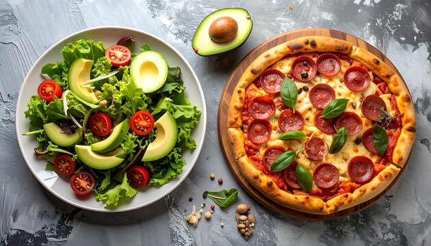 Pizza and salad on a table