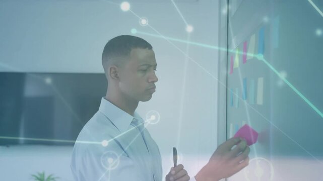 Upon screen prompt professional repositioning and annotating pink notes on whiteboard for planning