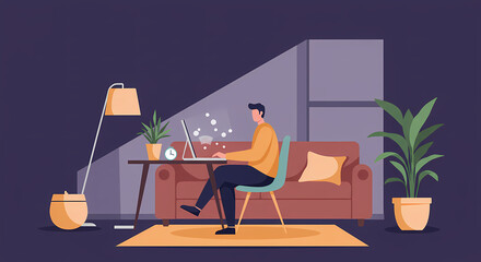 Flat Vector Illustration of Work From Home Lifestyle Scene