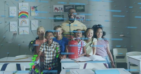 Horizontal blue lines sweeping and forming education data visualization over teacher with students - Powered by Adobe