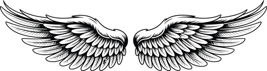 Black and white symmetrical wing vector with layered feathers, tattoo style, fantasy design, detailed line art, spiritual flight concept