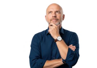 Thoughtful bald man with beard wearing a blue shirt and watch pondering transparent background