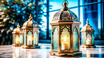 Obraz premium Ornate Decorative Lanterns Emitting a Warm Candlelight Glow, Creating a Serene Ambiance for Festive Occasions and Tranquil Evenings.